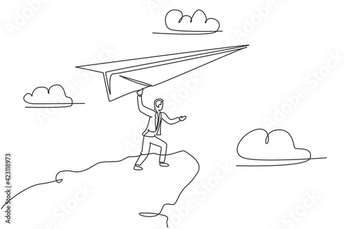 Single continuous line drawing young business man flying big paper airplane from top of hill. Professional businessman metaphor concept. Minimalism one line draw. Graphic design vector illustration