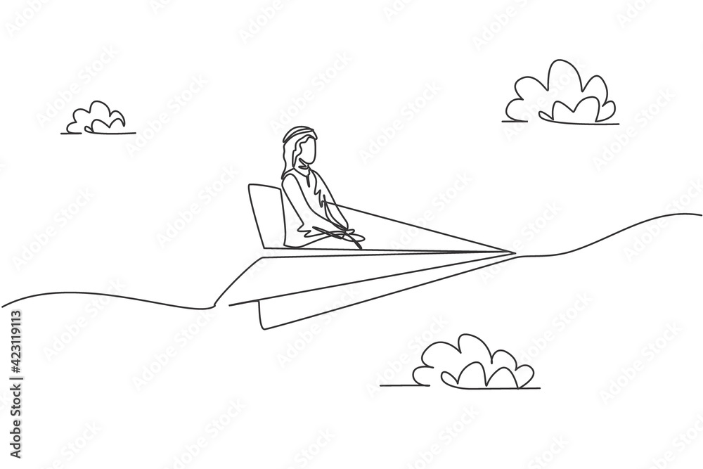 One line flying airplane illustration. Minimal - Stock