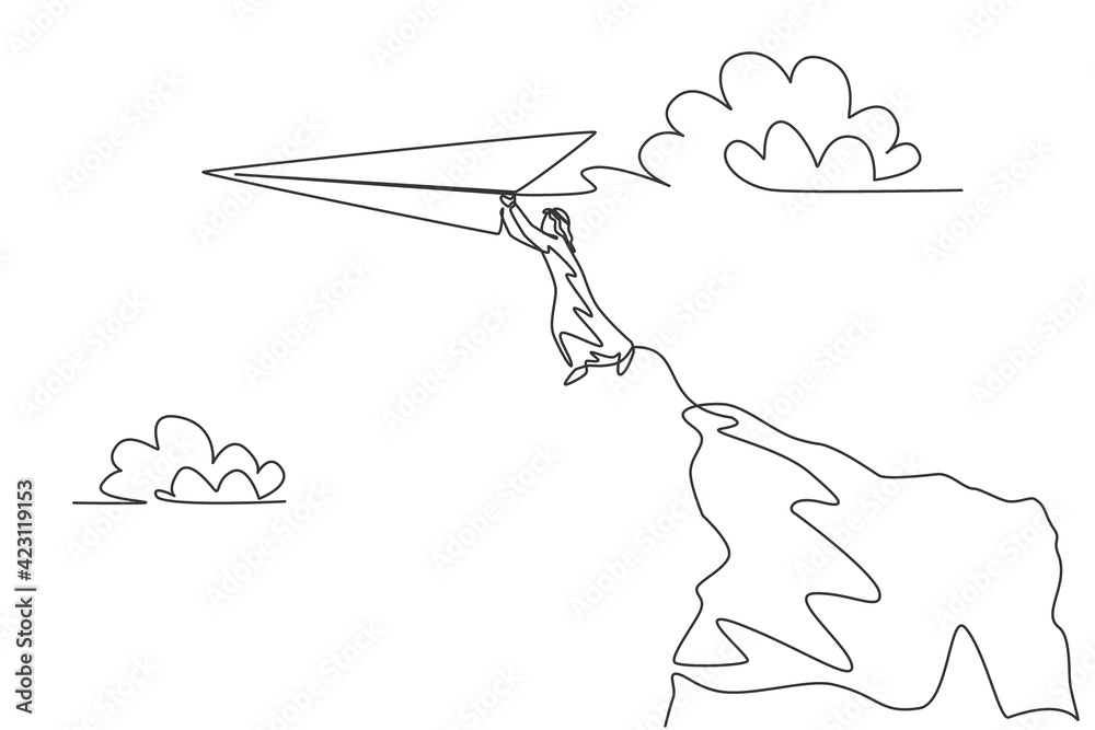 Single one line drawing of young Arabian business man jumping from ...