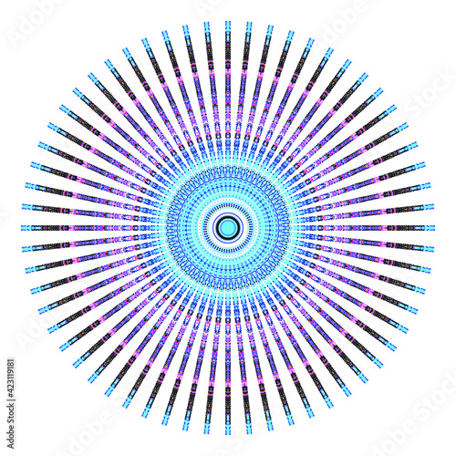 Creative multicolored points round symbol. Abstract symmetrical logo. Mosaic colorful beautiful beads. Circle dots modern pixel floral art icon. Colored pattern ornament wheel decorative illustration.