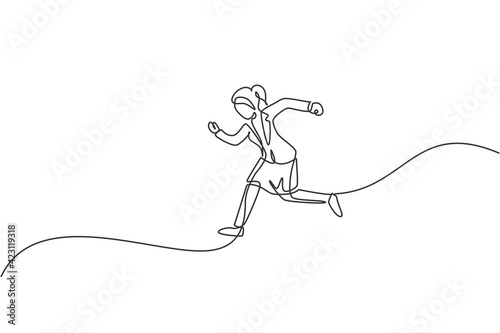 Single one line drawing of young businesswoman jumping high up to the sky. Business leap increasing. Metaphor minimal concept. Modern continuous line draw design graphic vector illustration