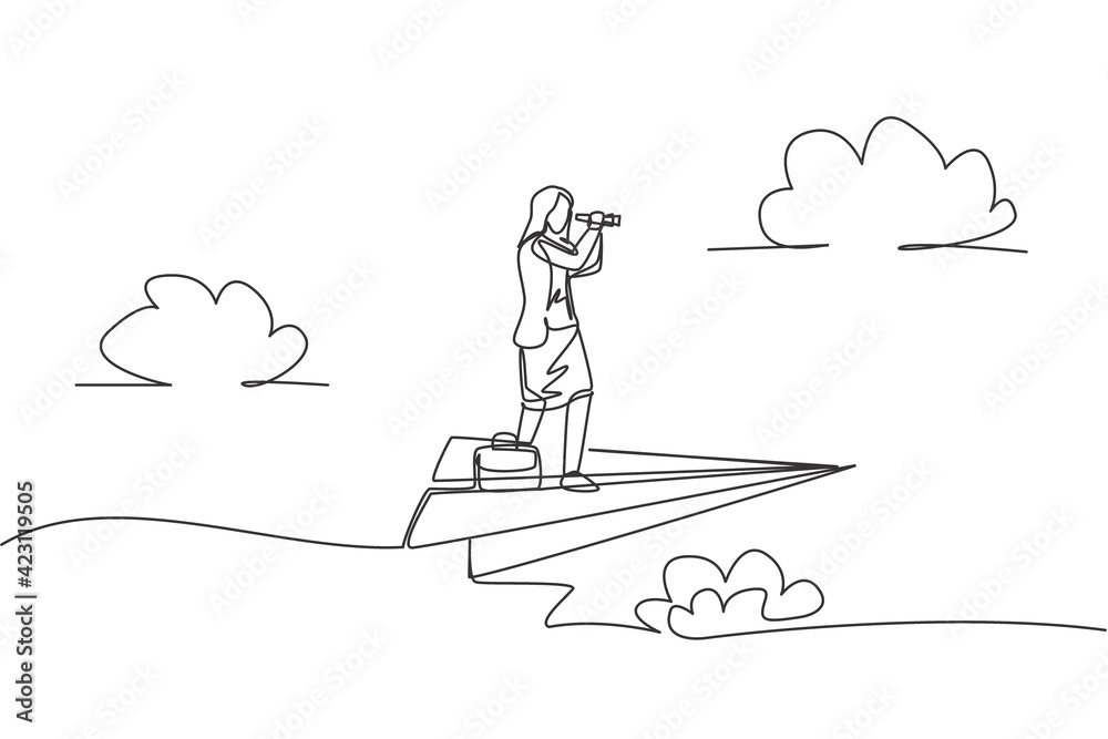 Single continuous line drawing young business woman flying with paper ...