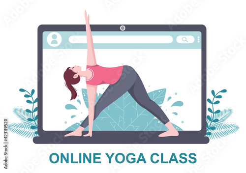 Online Lessons, Yoga and Meditation Classes By Watching Videos, Live Streaming, Internet Education On Your Laptop Or Phone At Home. Vector Illustration