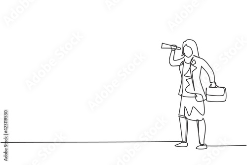 Single one line drawing of young businesswoman analyze business opportunity using monocular. Business vision. Metaphor minimal concept. Modern continuous line draw design graphic vector illustration