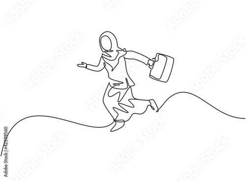 Single continuous line drawing young Arab business woman jumping high to the sky. Success business manager. Minimalism metaphor concept. Dynamic one line draw graphic design vector illustration