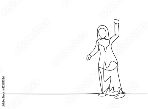 Continuous one line drawing young Arab female worker standing and pose ready to fight. Success business manager. Minimalist metaphor concept. Single line draw design vector graphic illustration