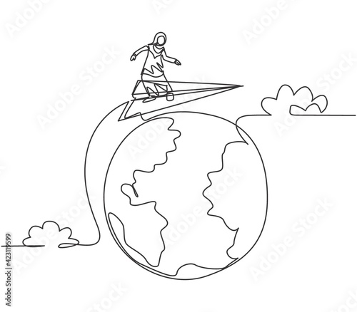 Continuous one line drawing young Arab female worker flying around the world. Success business travel trip. Minimalist metaphor concept. Single line draw design vector graphic illustration