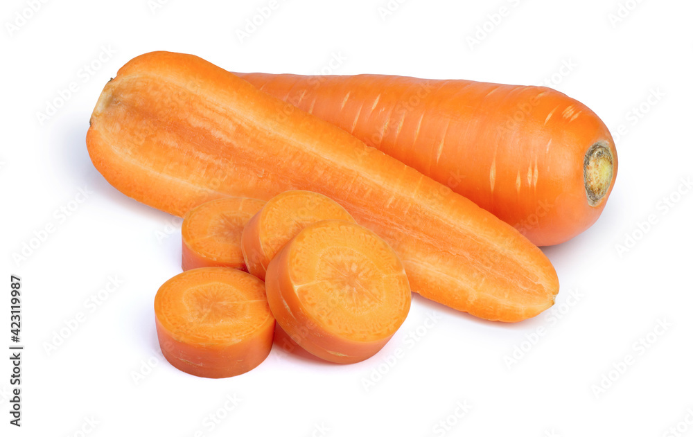 Fresh carrot and cut in half long slice isolated on whith background. Fresh carrot and cut in half long slice isolated on whith background.