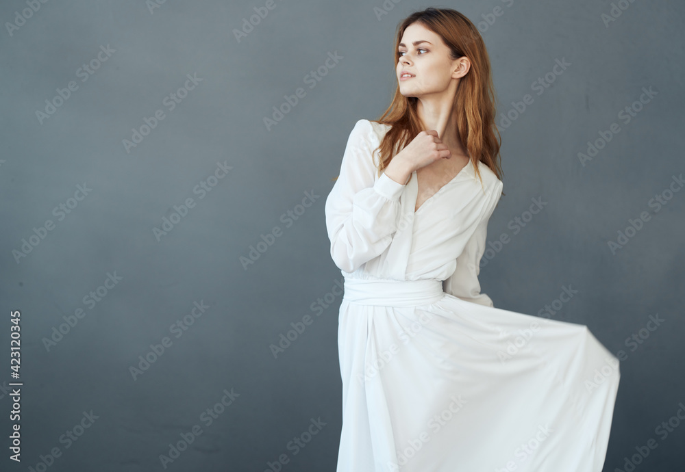 Woman in white dress luxury gray background cosmetics model Woman in white dress luxury gray background cosmetics model