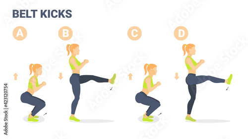 Belt Kicks Female Home Workout Exercise Guidance. Girl Doing Squats and Kicks Switching Legs Routine