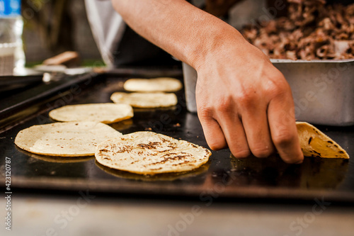 cooking Mexican tacos with beef, traditional street food in Mexico city photo