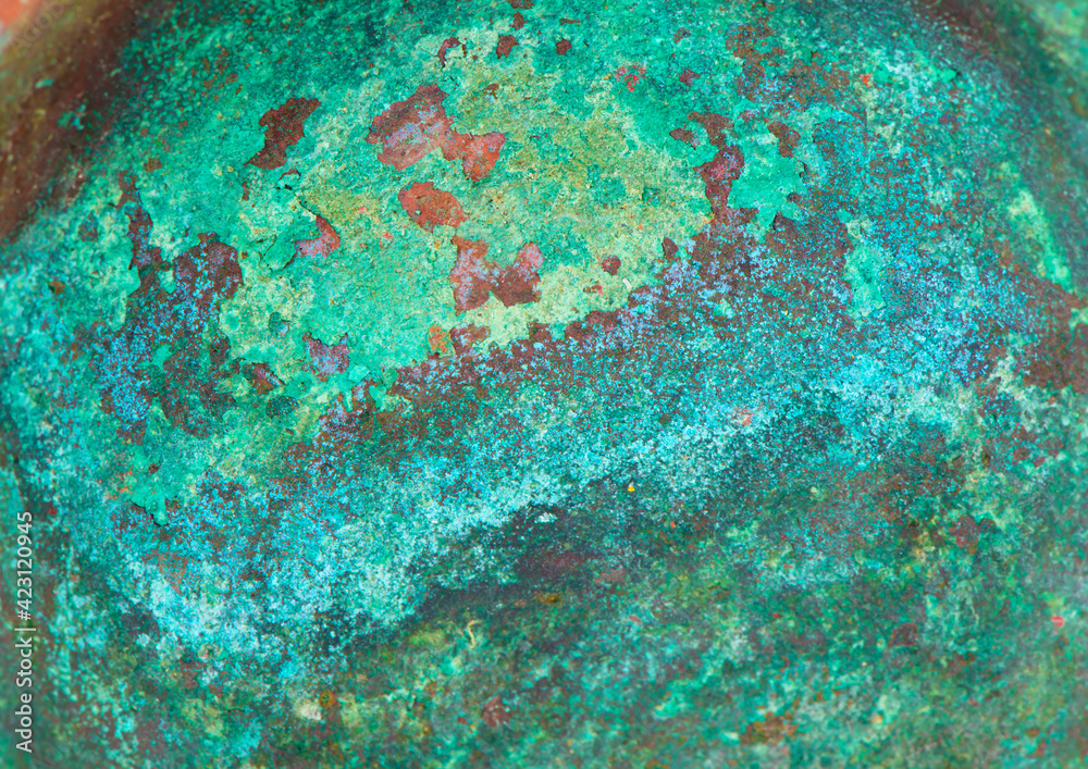 Aged copper plate texture with green patina stains. Old worn metal background