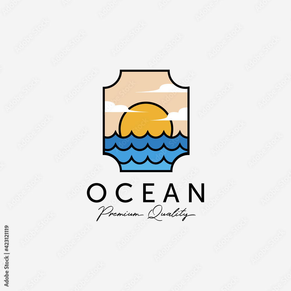 Obraz premium Label of Ocean Sunset Sunrise Line Art Logo, Illustration Design of Atlantic Marine, Horizon Vector Concept