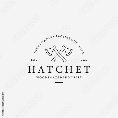 Hatchet Wooden Ax Lumberjack Line Art Vector Logo, Illustration Design of Woodcutter Concept