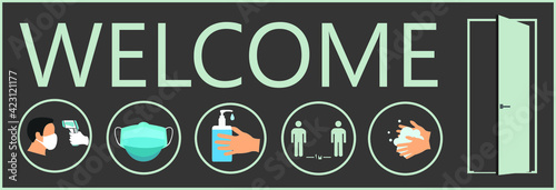 Welcome now open keep social distance and use face mask. Vector.Welcome we're open.Can be used for businesses to show they are still open during the coronavirus pandemic.
