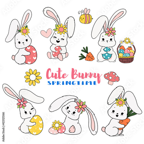 Cute Sweet Easter Bunny springtime with egg cartoon doodle collcection set photo