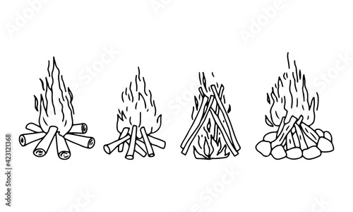 Set of different types of campfires. Hand drawn outline illustration in doodle style. Vector.
