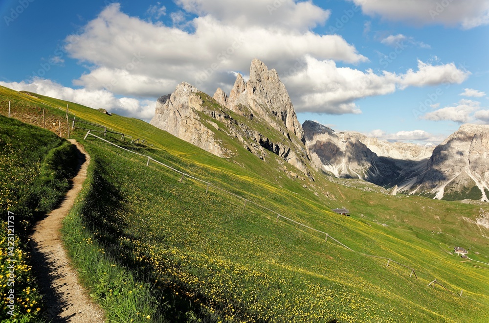 A hiking trail meanders on the grassy hillside with majestic Odle (Geisler) mountain peaks in background on a sunny summer day in Dolomites at beautiful Seceda, Val Gardena, South Tyrol, Italy, Europe
