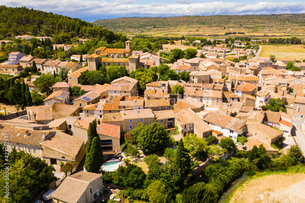 General view of commune of Fontcouverte in green valley of Alaric Mountain in southern France, Aude department