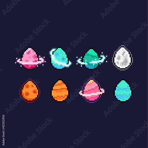 Pixel art set of planet easter egg icon.