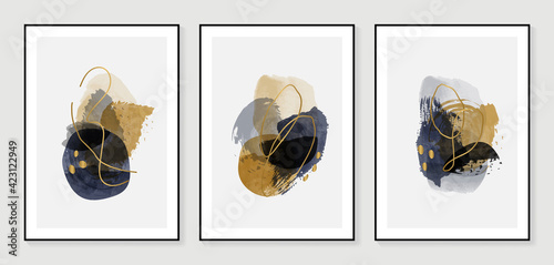 Dark Gold Abstract art background vector. Modern Nature shape line art wallpaper.  Minimalist hand painted illustrations with watercolor stain texture for home deco, wall art.