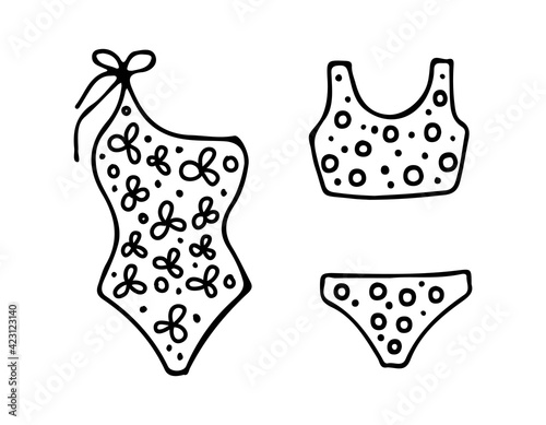 Two styles of stylish ladies swimwear with circle and flower prints. Vector illustration hand drawn in outline style doodle. Summer illustration for design, print, postcard, poster, sticker.