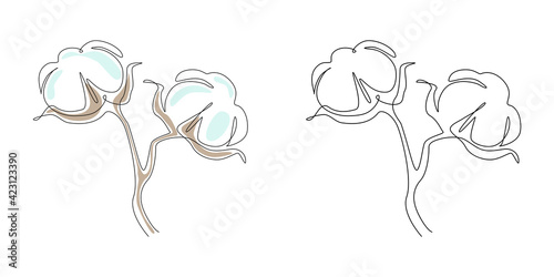 Cotton flower Continuous one line art. Minimalist clean fiber flower for logo, icon emblem or web banner. Beauty design element. Modern vector illustration