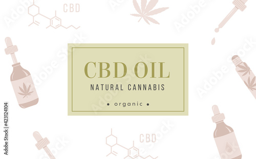 CBD Hemp Oil web banner in organic color on white background with pattern. Cannabis poster with place for text. Bottle with dropper, marijuana leaf, roller. Natural remedy for pain, stress, anxiety.