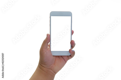 Man hand with honey-colored skin is holding a Mobile phone on a white background. With clipping path