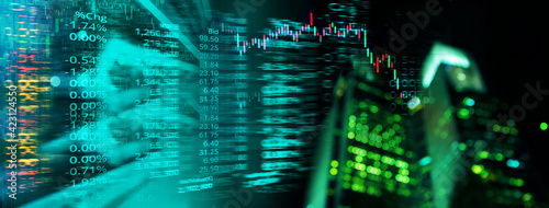 index number graph line of trade stock market and index number on blue glow blur city light banner business background.