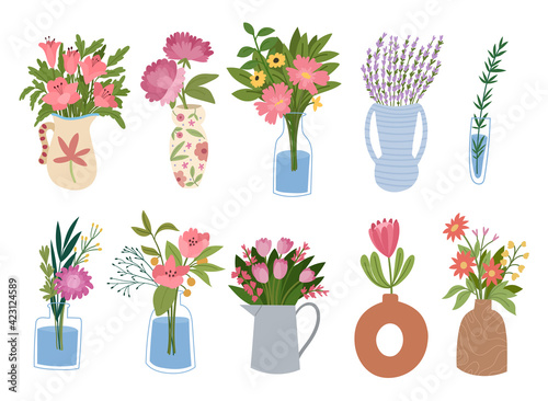 Collection of blooming flowers bouquets in vases isolated on white background