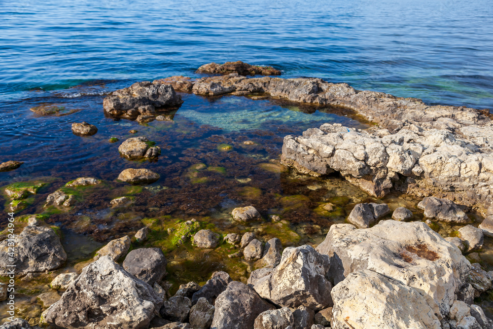 View of the Black Sea coast in Crimea, Panoramic seascape, calm azure sea