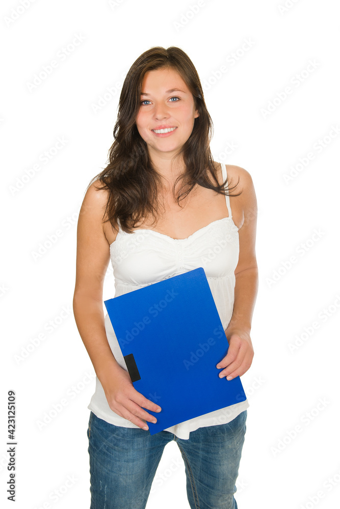 Portrait of a young smiling woman holding a blue binder in her hands, isolated on white studio background Portrait of a young smiling woman holding a blue binder in her hands, isolated on white studio background