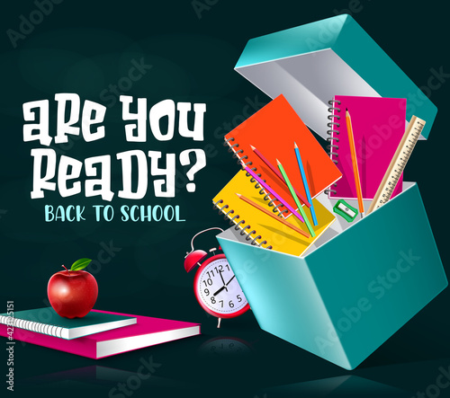 Back to school vector banner design. Are you ready back to school text with open box element and student supplies for educational study background. Vector illustration 
