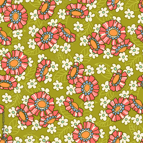 Colorful Mid Scale Hand-Drawn Floral Vector Seamless Pattern. Retro 70s Style Nostalgic Fashion Textile Bold Background. Summer Resort Print. Ditsy Daisies. Flower Power