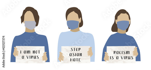 Stop asian hate. I am not a virus. Females wearing face mask and holding banners. Activists with placards for demonstration, protest. Social issue, stop racism. Vector flat cartoon illustration