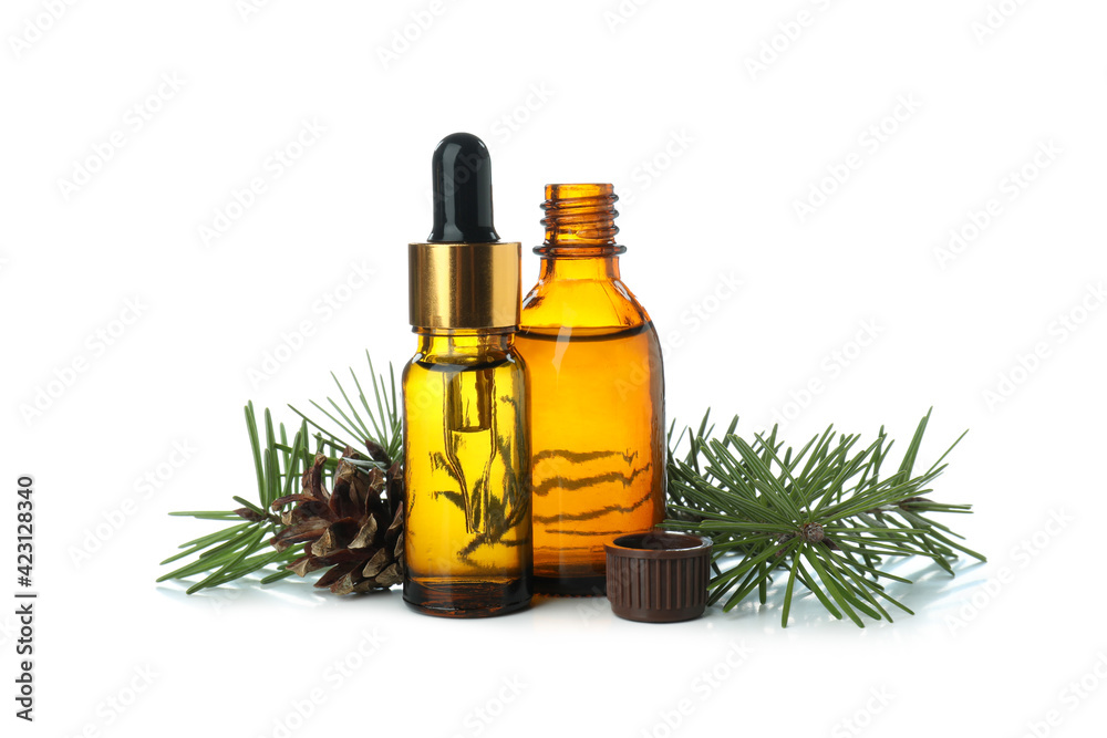 Pine essential oils isolated on white background