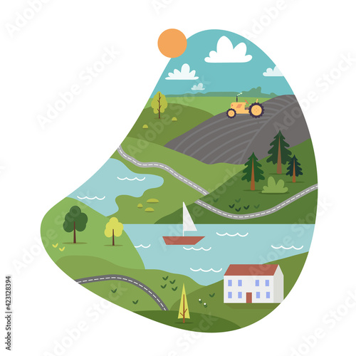Nature Farm and Garden vector concept. Water and Grass. Agriculture and nature. Ships on the water, green grass and trees. New eco technologies for growing plants