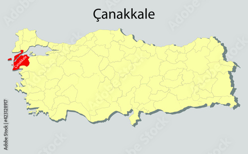 Map of Turkey where Çanakkale province is pulled out, isolated on white background