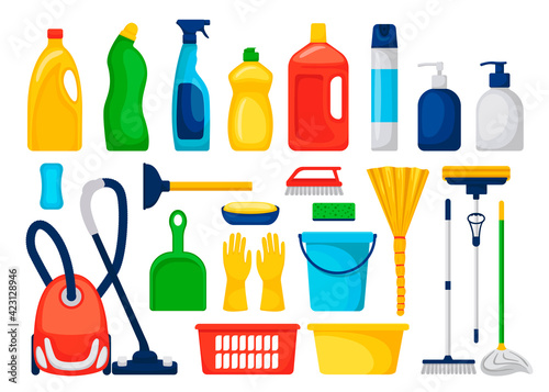 Cleaning services. set with household supplies and cleaning products for banner, website, cleaning. Sanitary and chemical products.