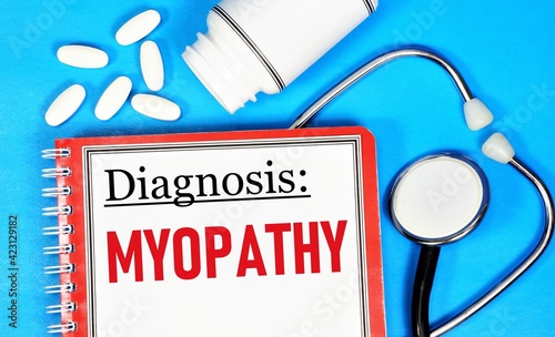 Myopathy. The text label of the medical diagnosis. Treatment with medications and procedures. photo