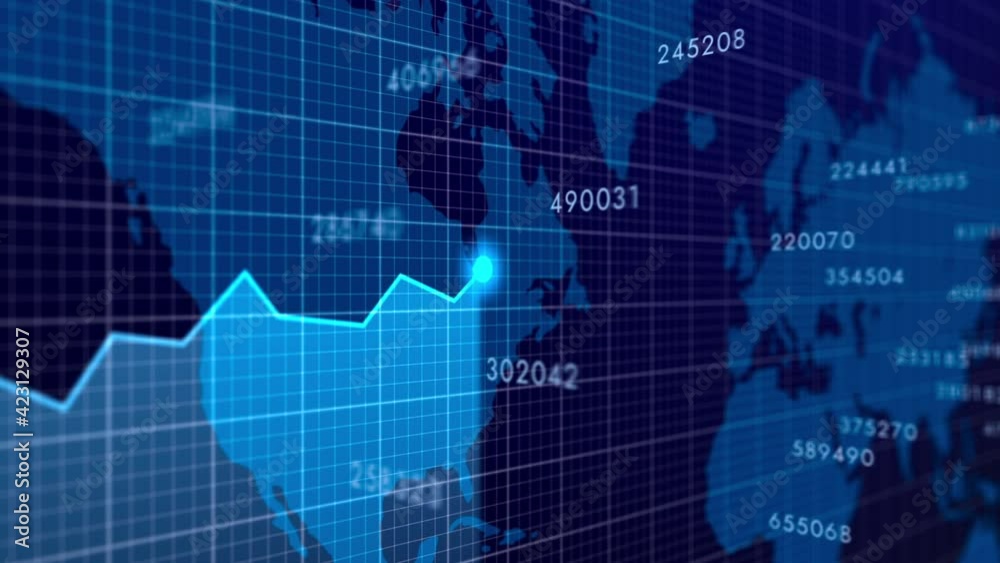 Business growing chart. Dark blue graph with world map in background 3d animation. Business, success, stock exchange, rising markets, financial and economy diagram abstract concept. Business growing chart. Dark blue graph with world map in background 3d animation. Business, success, stock exchange, rising markets, financial and economy diagram abstract concept.