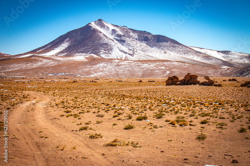 volcanic landscape in bolivia  altiplano  snow