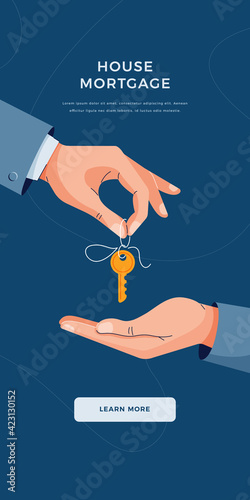 Mortgage concept. Male hands giving keys for property buying. Deal sale, mortgage loan, real estate, dealing house, property purchase concept for banner, web, emailing. Flat design vector illustration
