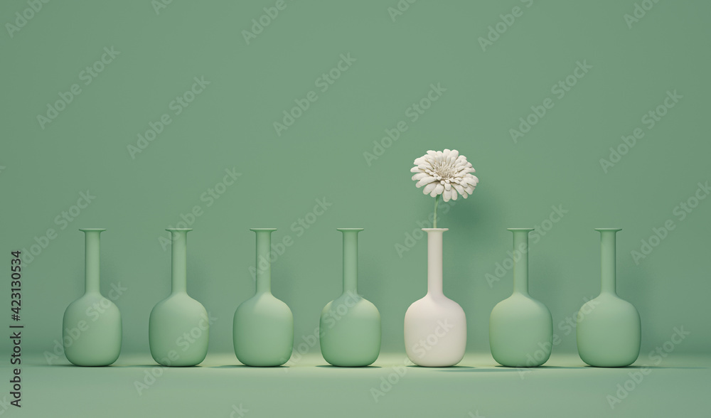 Vase of flowers in plain monochrome pastel blue color. Light background with copy space. 3D rendering for picture frame backgrounds, minimal, creative - obrazy, fototapety, plakaty 