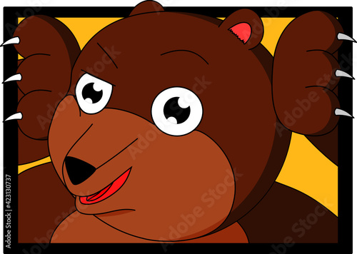 A cartoon bear with a smile on his face that looks like he is poking his head out through the computer screen with a yellow background. 