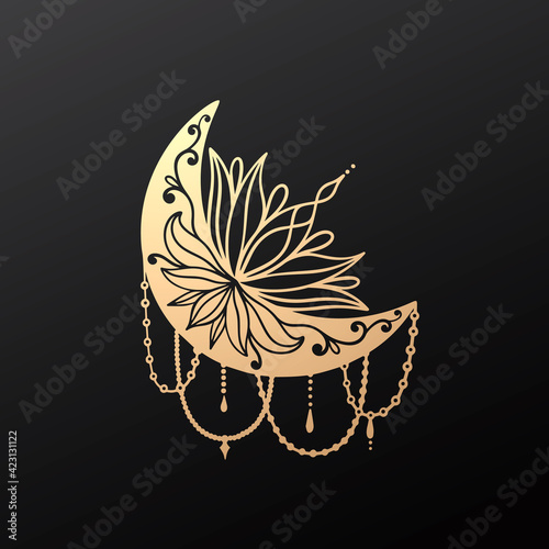 Moon crescent flower mandala.Astrology boho witch symbol amulet.Sacred mystic decoration trendy style