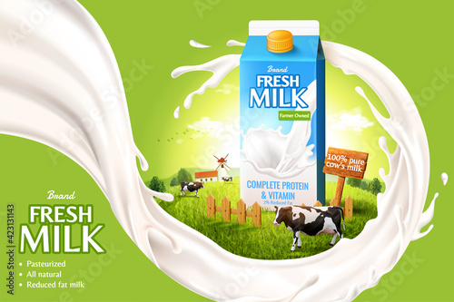 Valokuvatapetti 3d fresh milk ad template
