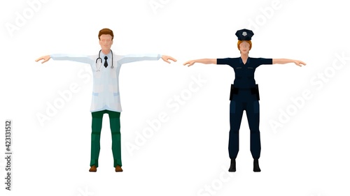 3D rendering of a polica woman in uniform and a doctor medical specialist. photo
