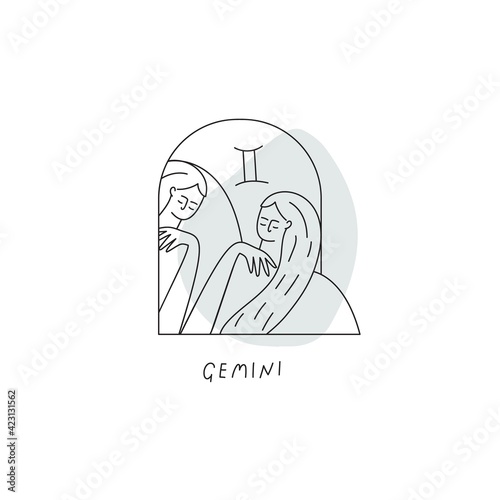 Gemini zodiac sign icon. Stylized woman drawn with lines. Vector illustration